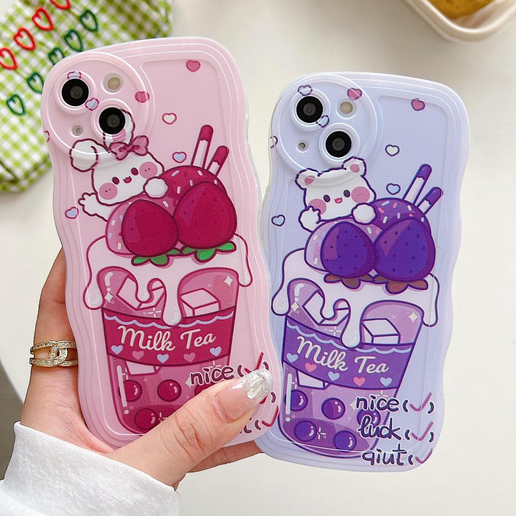 Wave Edge Silicone Case for Oppo A58 A78 A38 Samsung A54 A34 A24 A14 iPhone 15 14 Redmi Note 12 11 10 Infinix Note 30 Funda Milk Tea Bear Bunny Cover
