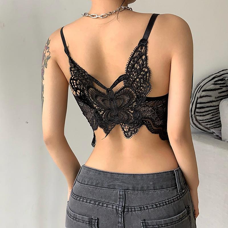 Gothic Black Mesh Butterfly Cropped Tank Top Lace Vest Tops Backless Sexy
