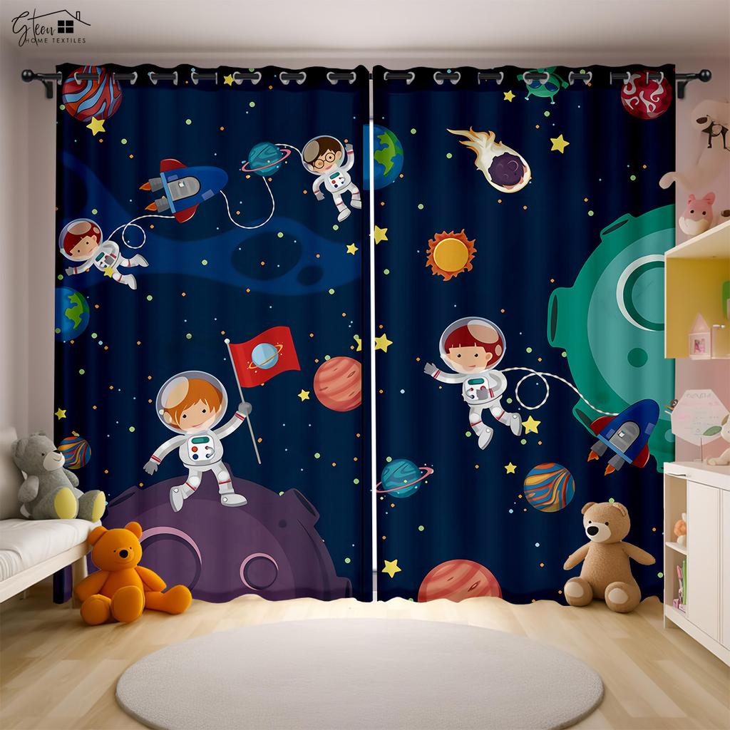 Мультфильм Вселенная 3D Печать Шторы Космонавт Астронавт Космический корабль Ракета Планета Инопланетянин Спальня Детская комната Шторы 2 ШТ