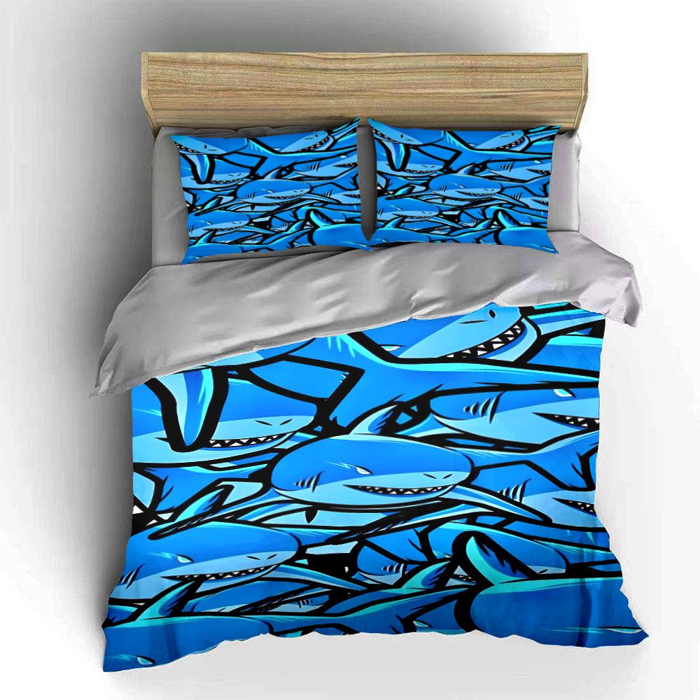 Blue-patterned sharks design. Bedding sets Duvet cover sets Duvet covers Pillowcases(1 * Duvet Cover 2 * Pillowcases without duvet insert)