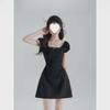 Black Slim Waist Square Neck A-line Dress - 2025 Summer French Hepburn Style
