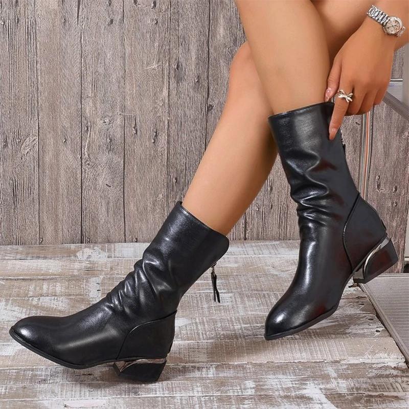 Мода женские остроносые ботинки челси туфли на плоской подошве до середины голени сексуальная зимняя мода 2024 новая повседневная обувь для вечеринок и прогулок тренд Mujer Zapatos