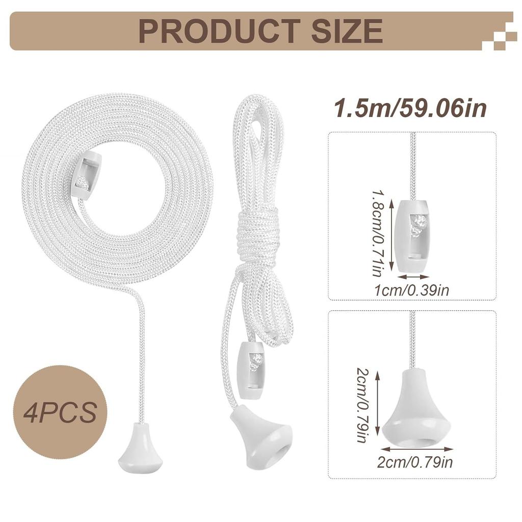 4PCS Switch Pull Cord, White Bathroom Light Pull Cord for Ceiling Switches, Shower and Bedroom
