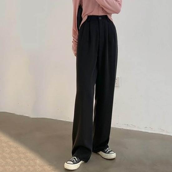 Женские однотонные костюмные брюки, эластичные прямые широкие брюки с высокой талией, свободные офисные брюки с наклонными карманами