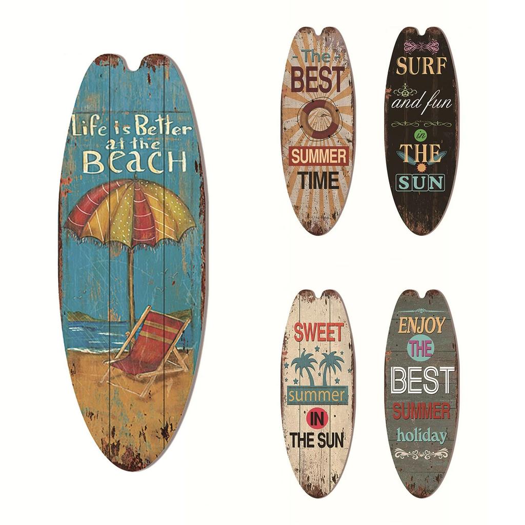 Retro Wooden Surfboard Beach House Decorative Plaque Wooden Sign with Ocean Theme for Home and Office Decoration