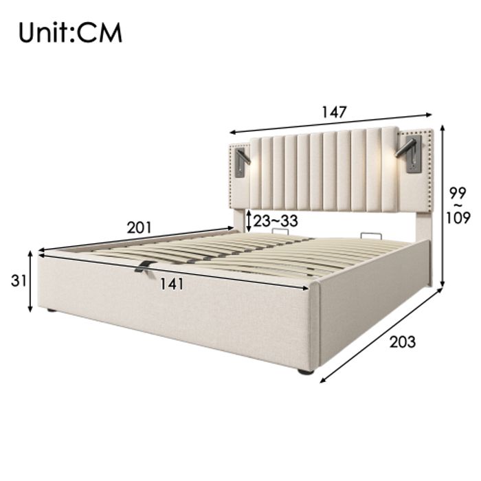 Lit 140x200 - MUVOE - Rembourré - USB - Design riveté - Matelas inclus