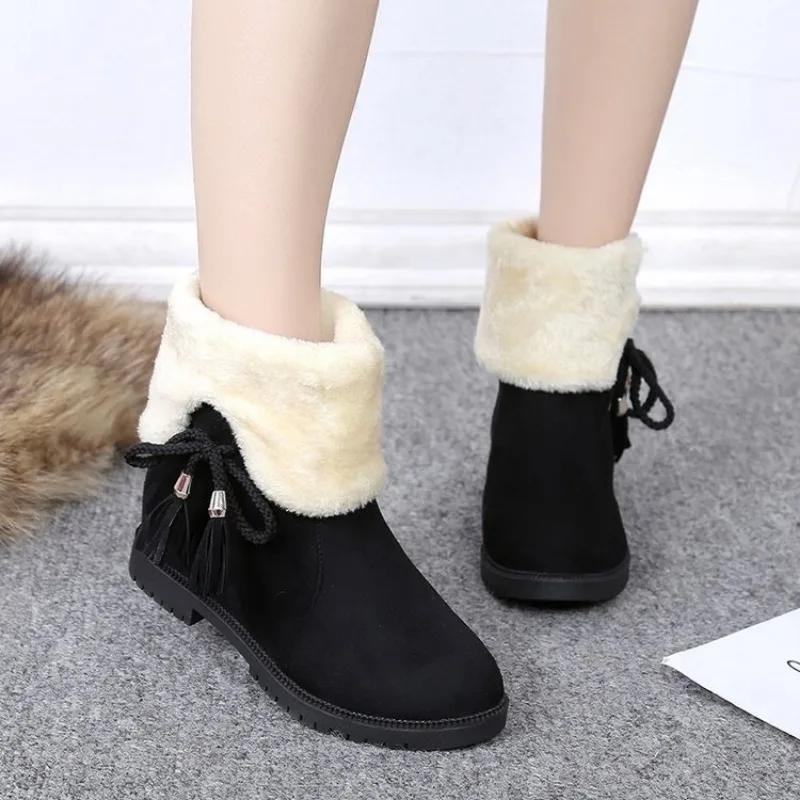 Shoes for Women Half High Mid Calf Womens Snow Boots Brown Tassel Elegant with Low Heels Work Winter 2024 Novelty Gyaru Fashion