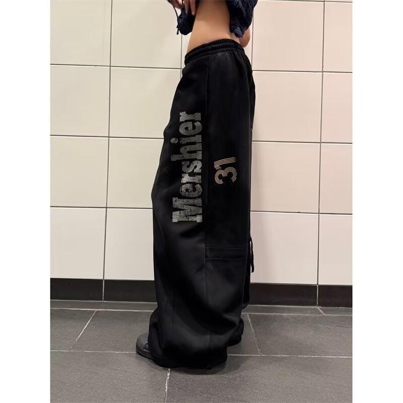 Vintage Washed Hip-Hop Pants Wide-Leg Joggers Letter Print Tapered Hem Casual Streetwear Men