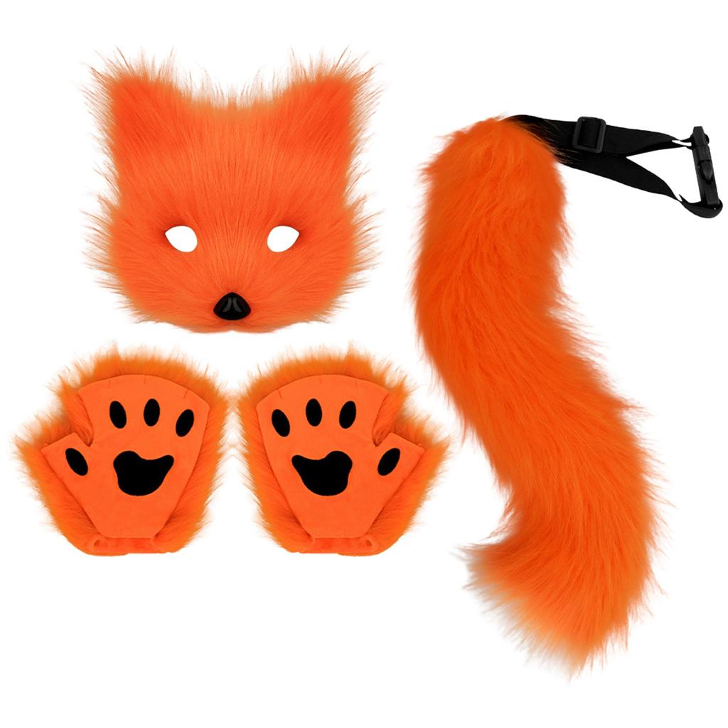 Therian Mask+Tail+Gloves Set Halloween Cosplay Costume Accessories Fox Mask Tail Half Face Faux Furs Foxy Tail Cat Mask
