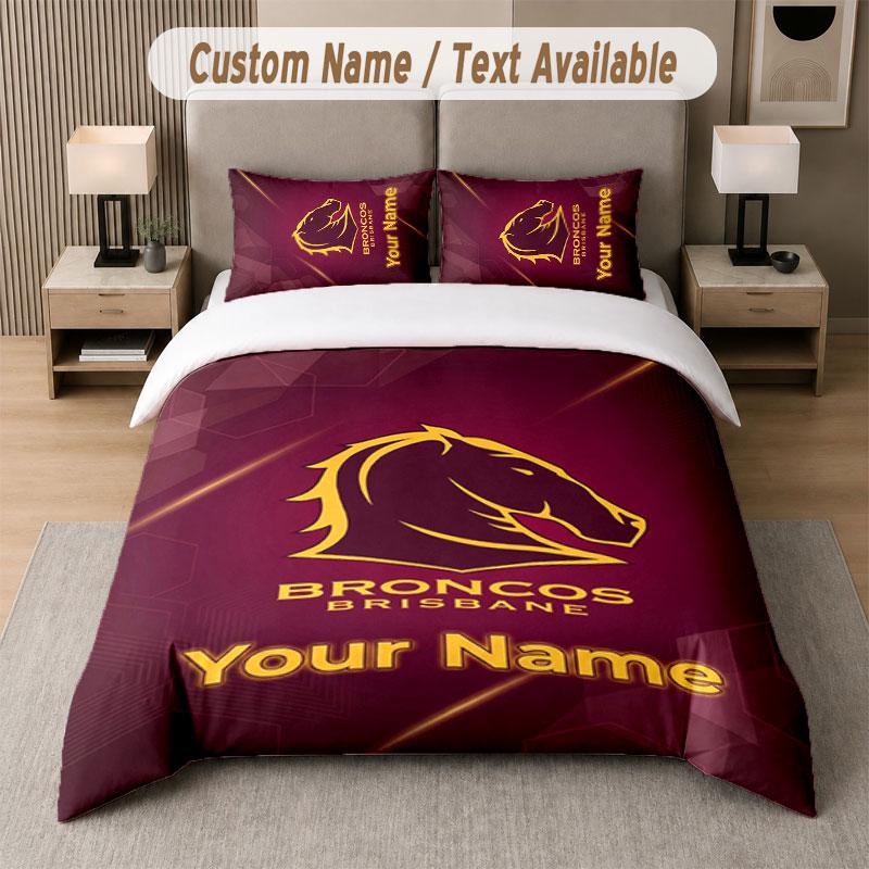 Custom Bedding Set Brisbane Broncos Pattern, Print Name Text 1 Duvet Cover plus 2 Pillowcases Home Textile