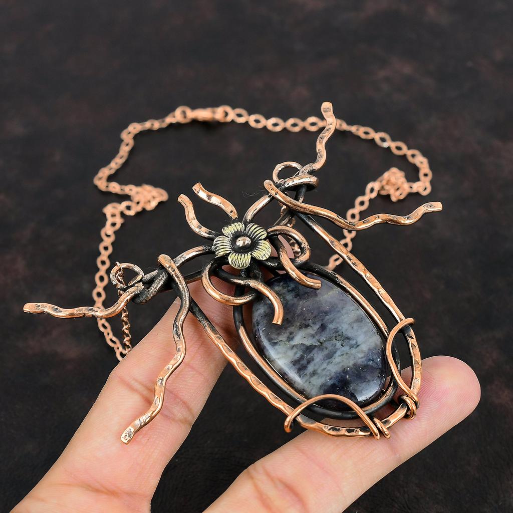 Иолит Солнечный камень Ожерелье Обмотка медной проволокой Драгоценные камни Ювелирные изделия Регулируемая цепочка Ожерелье Медное ожерелье Ручная работа Ювелирные изделия Подарки для жены