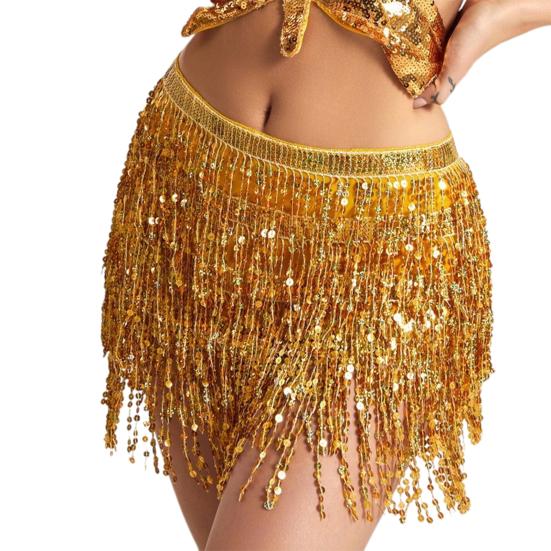Belly Dance Sequin Tassel Skirt Sparkling Glitter Rave Fringe Mid-rise Skirt Solid Color Dance Parties Performances Skirt