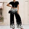 Women Plus Size Round Neck Short Sleeve Printed Crop Top Black Gold Silver Wide Leg Pants Two Piece Set