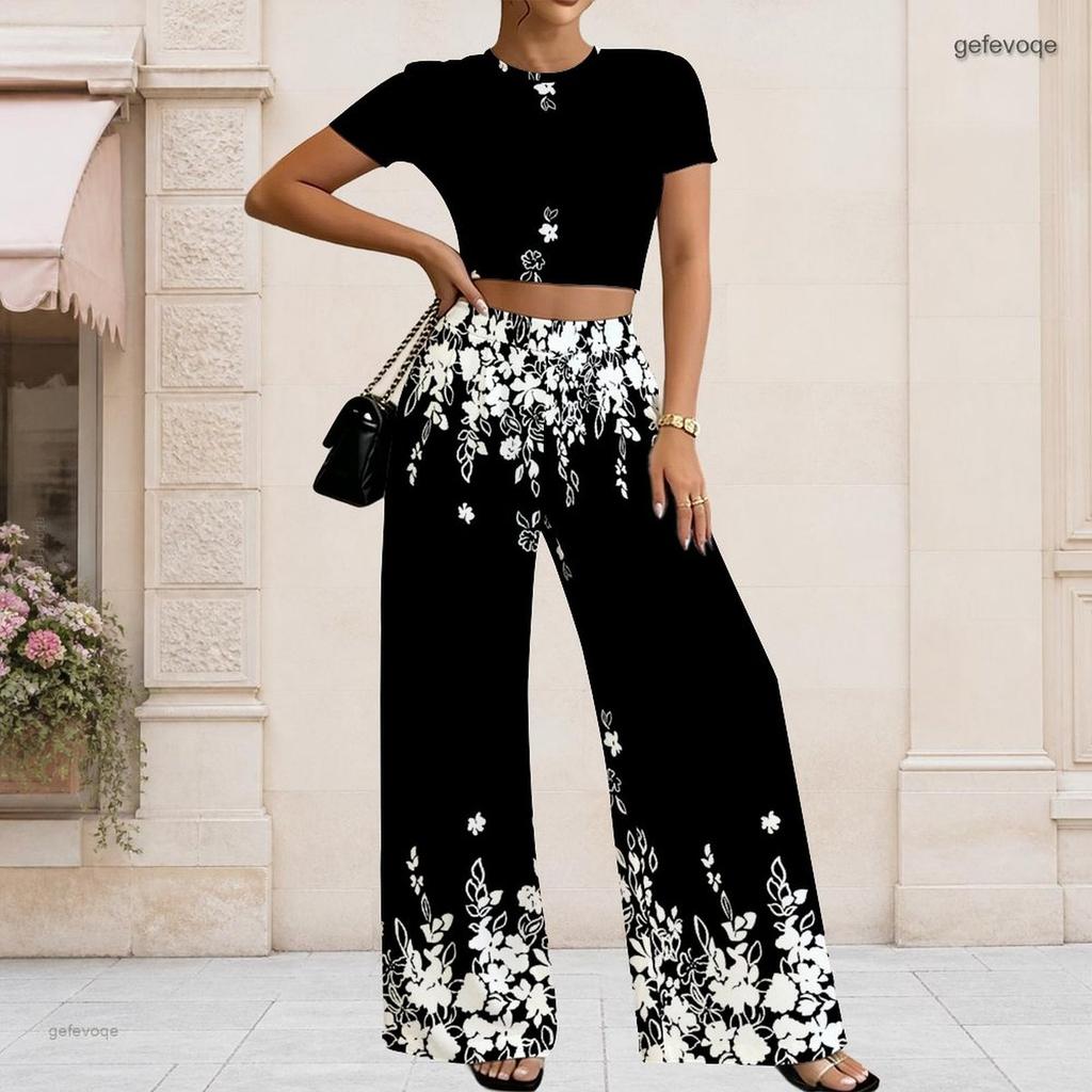 Women Plus Size Round Neck Short Sleeve Printed Crop Top Black Gold Silver Wide Leg Pants Two Piece Set