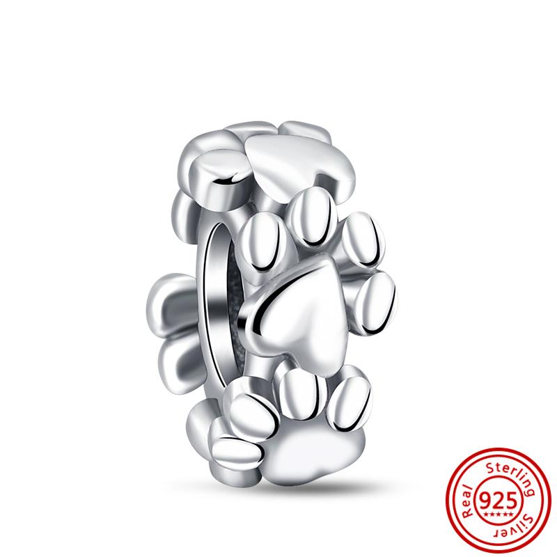 New S925 Silver Pink Heart Animal Paw Print Pendant Clear Zircon Fashion Beads Fit Original Charms Bracelet Women Jewelry