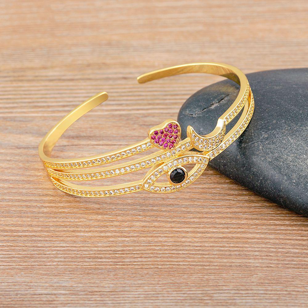 Nidin Korea Fashion Heart/Moon/Evil Eye Design Zircon Bangle Women Rhinestones Open Adjustable Gold Color Jewelry New Year Gift