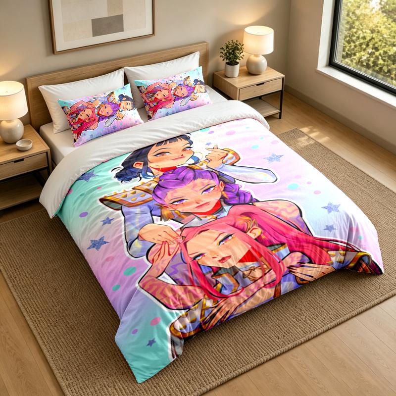 3-Piece Bed Sheet Set with Kpop Demon Hunters Design, 1 Flat Sheet and 2 Pillowcases for Bedroom