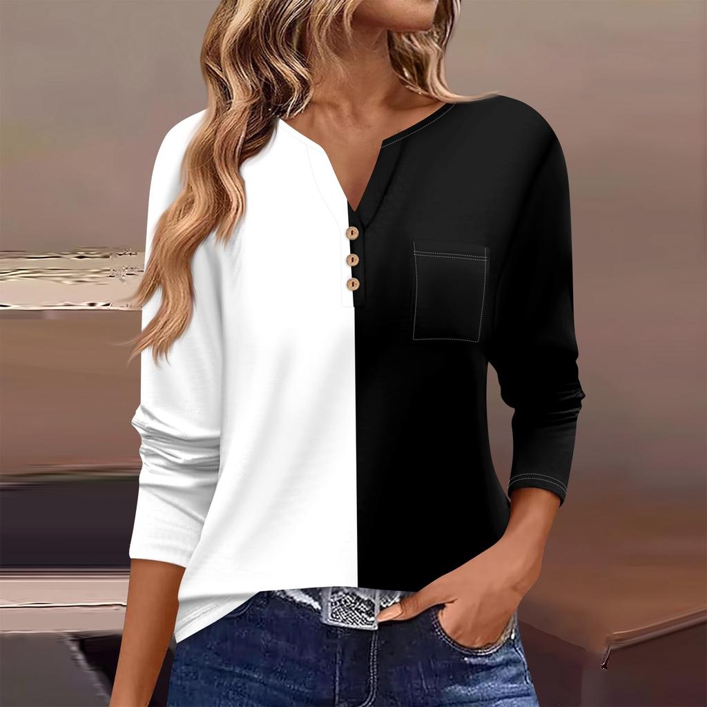 Женская футболка с длинным рукавом на пуговицах, повседневная, выходного дня, модная, базовая, с V-образным вырезом, обычная, с карманом