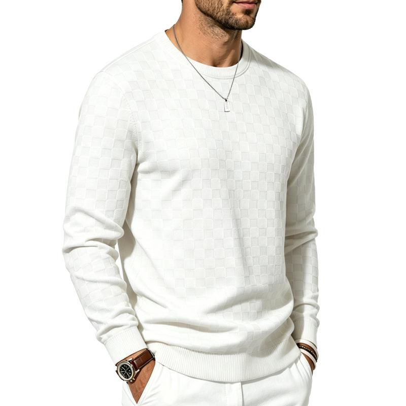 Men S Round Neck Long Sleeve Knitted Sweater Checkered Jacquard Casual Pullover