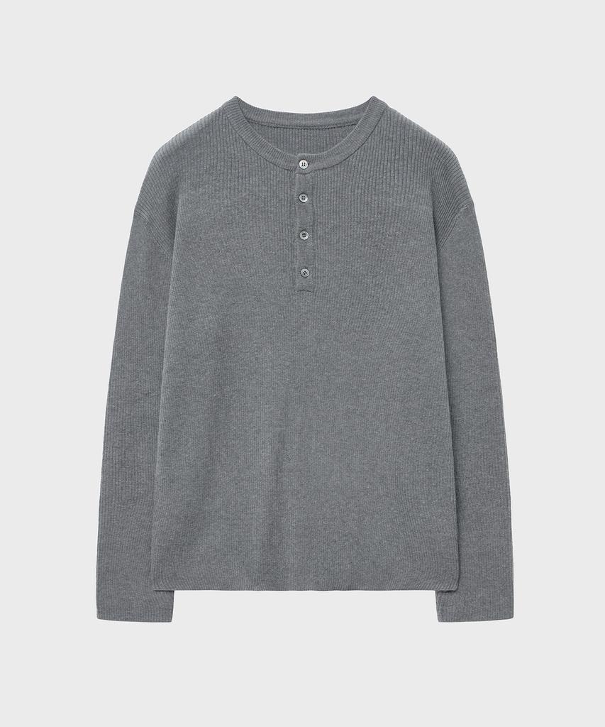 NOIRER Cotton Ribbed Henley Neck Knit (Gray)