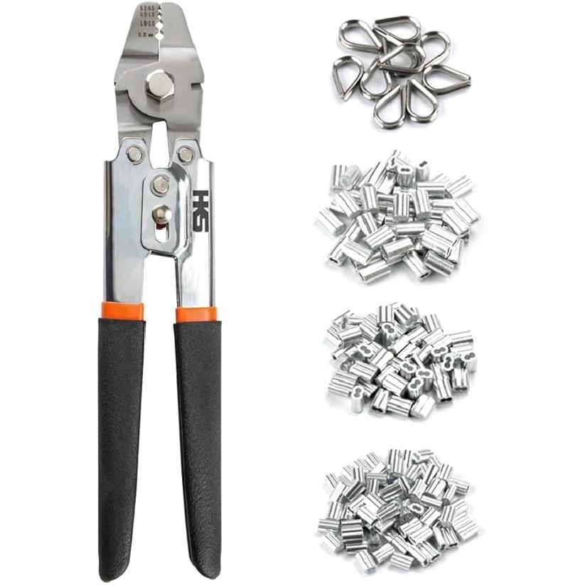 HKS Wire Rope Crimping Tool for Loop Sleeves, Aluminum Double Tube Ferrule Crimper for Fishing Line up to 2.2 mm with Cutting Function