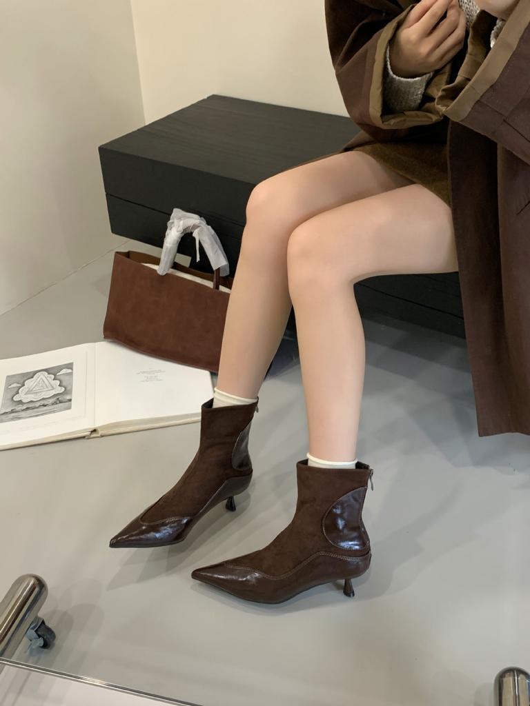 2025 New Pointed Stiletto Soft Leather Beanie Rear Zipper Suede Fashion Women's Short Boots