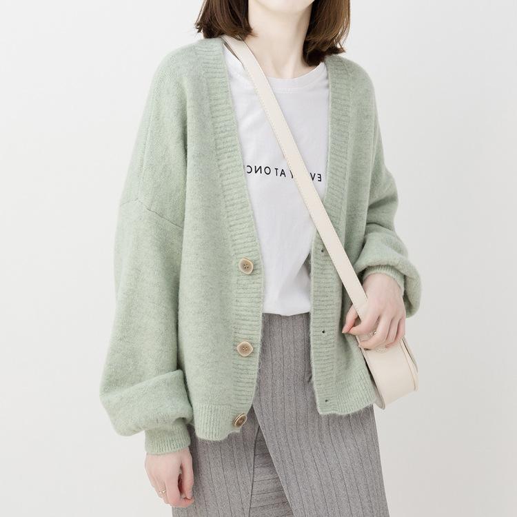 Spring and Autumn Women's Sweater Cardigan Loose Long Sleeve Sweater Tops V-Neck Knit Cardigan