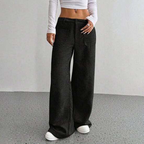Женские брюки с низкой посадкой, на молнии и пуговице, прямые широкие длинные брюки с карманами, однотонные рубчатые брюки для отдыха