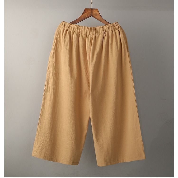 2025 Летняя мода хлопок и лен семиминутные широкие брюки женские тонкие свободные тонкие большие ярды с высокой талией прямые повседневные брюки