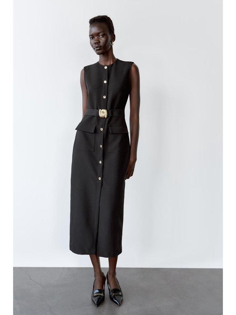 Весеннее миди-платье из крепа без рукавов с поясом 2025: Европейско-американский стиль