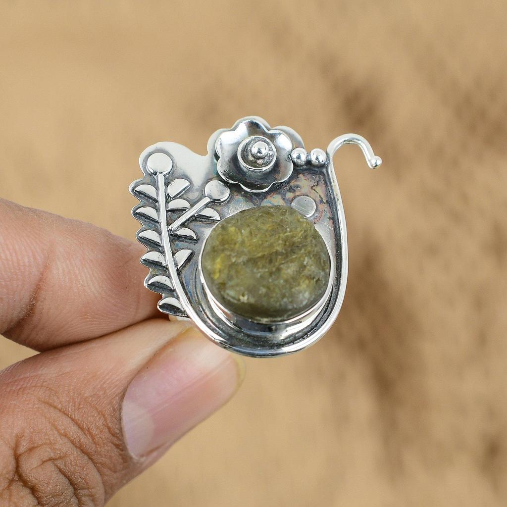 Natural Labradorite Rough Flower Adjustable Ring 925 Silver For Women