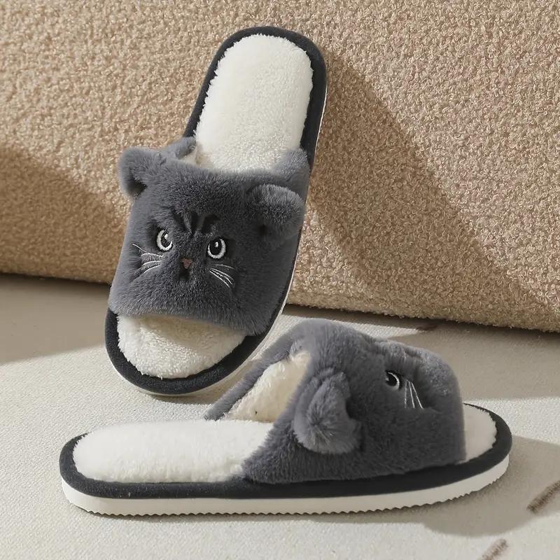 Домашние теплые тапочки с мультяшным котом, плюшевые мягкие тапочки с открытым носком из хлопка