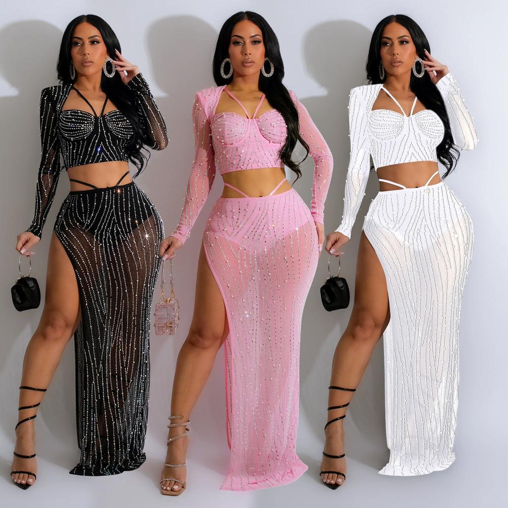 Evening Dress Fashion Women's Evening Gown Solid Colour Mesh Hot Drilling Long Sleeve Long Dress Set