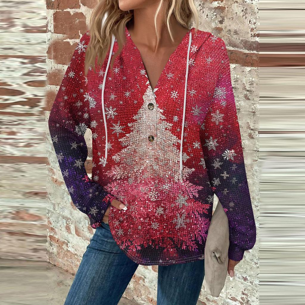 Женская мода с длинным рукавом, завязками на шнурке, капюшоном, пуговицами, V-образным вырезом, повседневная толстовка с капюшоном и рождественским принтом