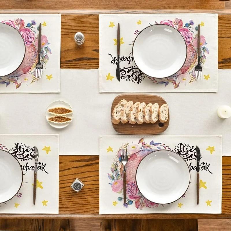 Рамадан Карим Льняные Салфетки под Тарелки, Украшения для Стола, Мусульманские Исламские Принадлежности для Вечеринки, Ид аль-Фитр Мубарак Семейные Украшения