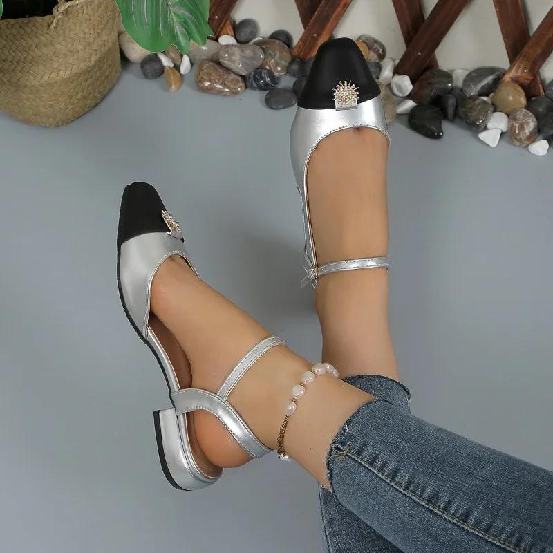 2024 Модная женская обувь с круглым носком, женская официальная обувь, толстый каблук, средний каблук, квадратный носок, свадебные босоножки для вечеринки, повседневная обувь