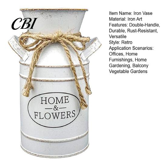 Rustic Metal Flower Bucket Vintage Iron Can Bucket, Double-Handle Vase with Jute Bow & Embossed Heart/HOME Window Display Print, Tabletop Decor