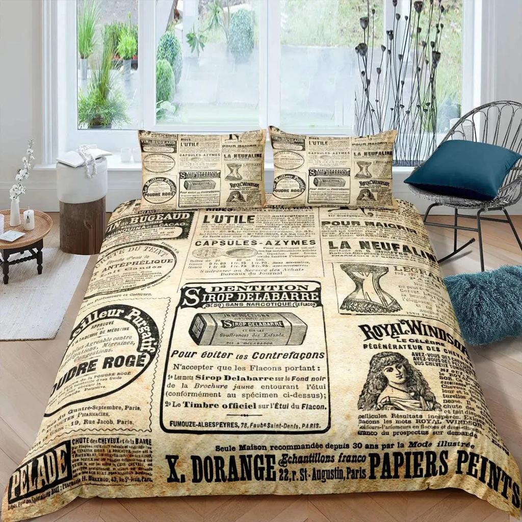 Old Newspaper Duvet Cover Set Vintage French Bedding Brown Quilt Cover for Boys Girls Teens Polyester Comforter Cover