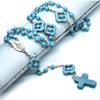 62KD Catholic Turquoise Rosary Necklace Mary Charm Round Bead for Cross Necklaces Religious Praying Fashion Jewelry