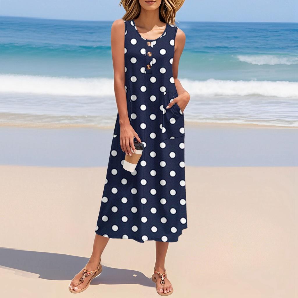 Women's Summer Polka Dot Print Dress Sleeveless Button Down Casual Loose Long Beach Sundress
