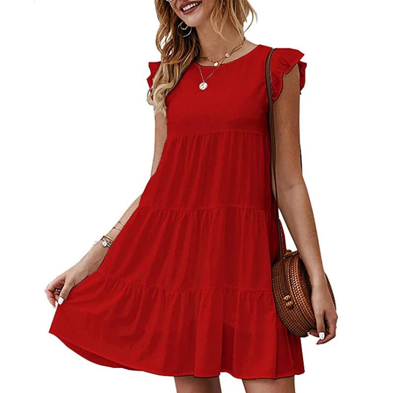 Women's Summer New Solid Round Neck Short Sleeve Casual Cake Dress Pleated Swing Dress