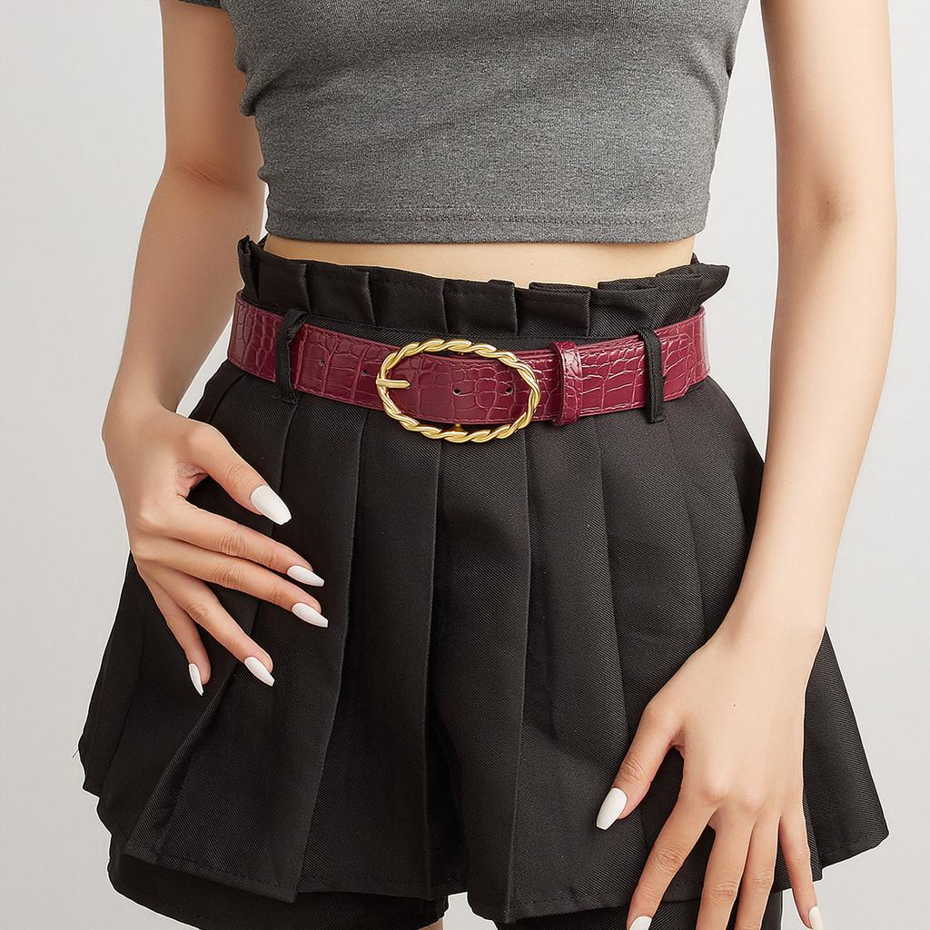 Grain Stone Womens Pu Leather Belt With Twists Oval Metal Buckle Everyday For