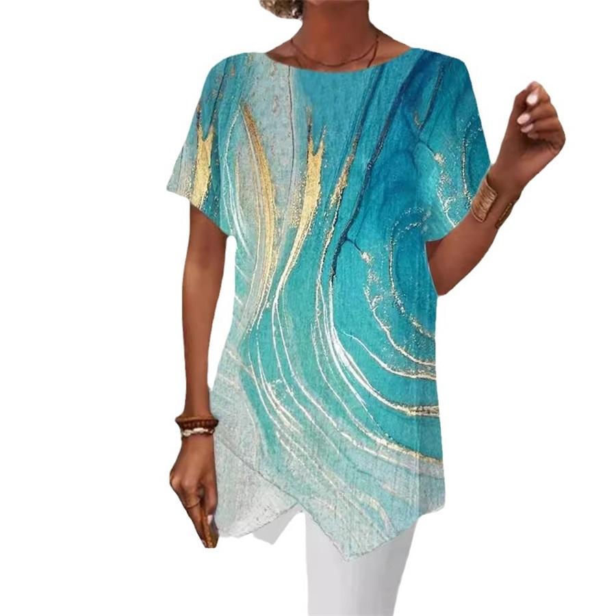 Women's Geometric Print Round Neck Loose Irregular Hem Short Sleeve T-Shirt