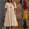 Plus Size Dresses Women Solid Vintage Cotton Linen Loose Pocket Round Neck Short Sleeve Elegant Dress