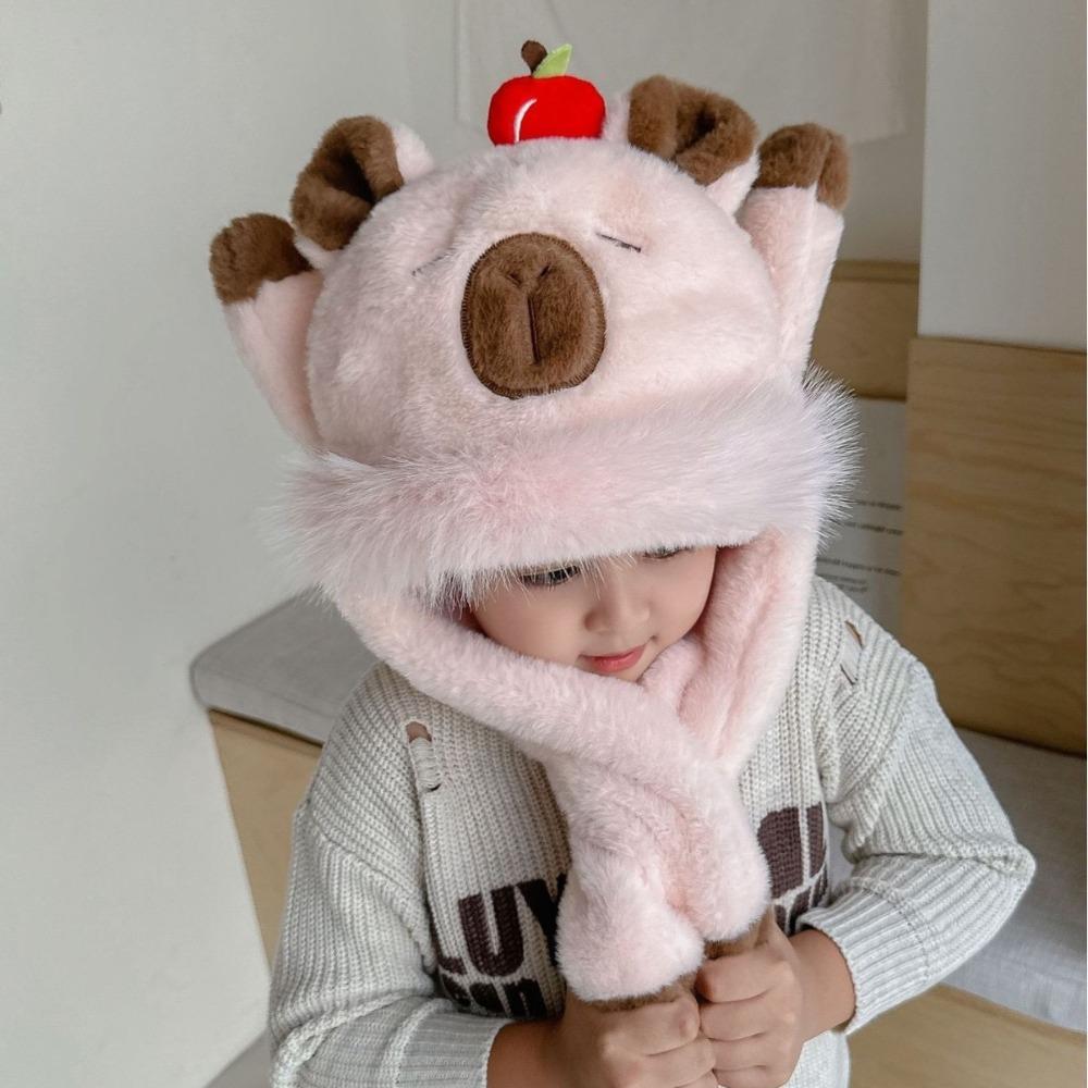 Movable Ears Capybara Hooded Scarf Windproof Plush Hat Scarf Set  Boys/girls
