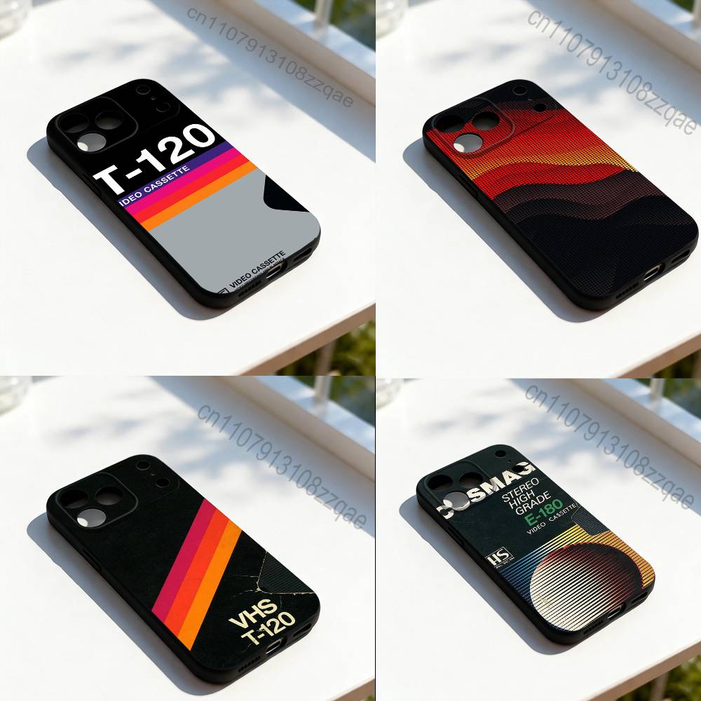 Ретро V-VHS Видеокассета Чехол-телефон для iPhone 11,12,13,14,15,16,17,Pro,Max,Plus,E,SE4,Air,Mini Черный Мягкий Чехол