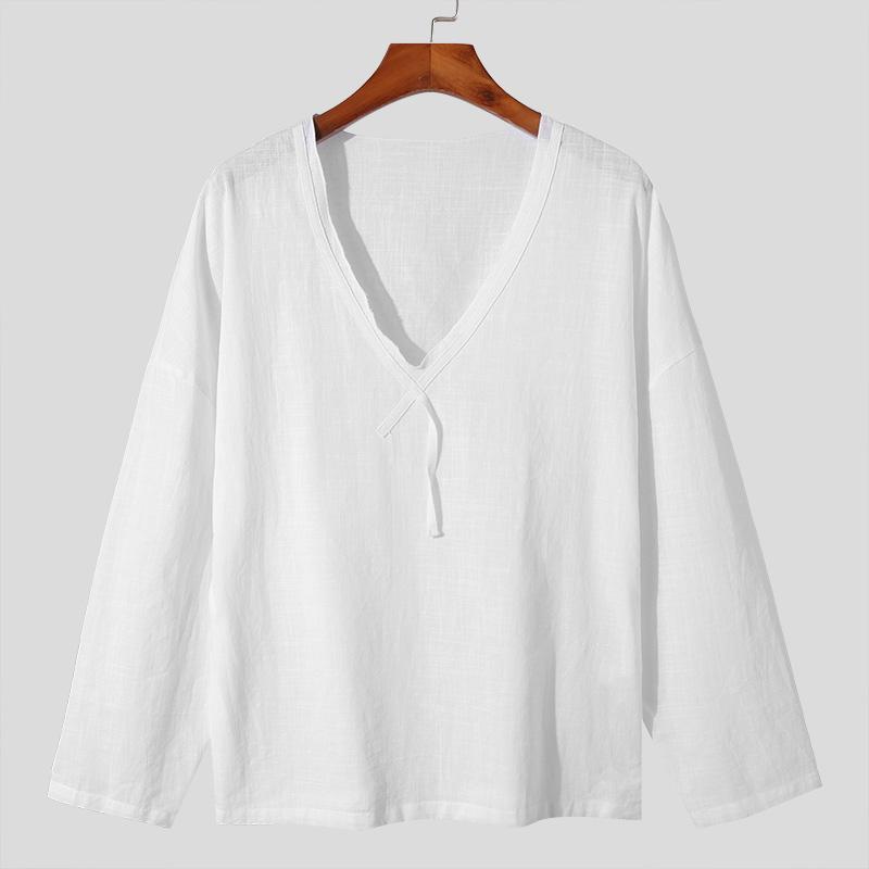 INCERUN Men Spring V Neck Long Sleeve Shirts Casual Loose Tops