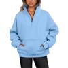 2026 Women's Stand Collar Fleece Hoodie with Pockets, Autumn-Winter Casual Loose Fit, Solid Color Ribbed Top.