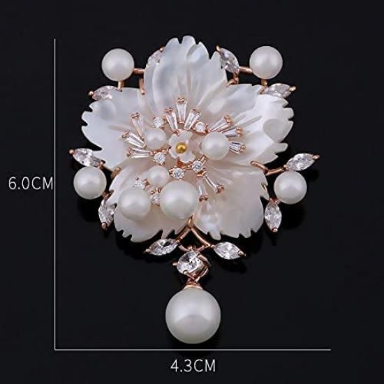 LOVES Brooch Necklace for Cherry Blossom Natural White Pearl Cubic Freshwater Shell Gift Style Exclusive Pouch Women, Flower, Stone, Shell, Zirconia,