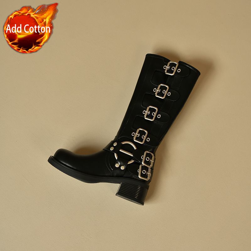 Женские кожаные сапоги до колена с квадратным носком и средним каблуком, на флисовой подкладке, осенне-зимние, Y2K готика, распродажа обуви
